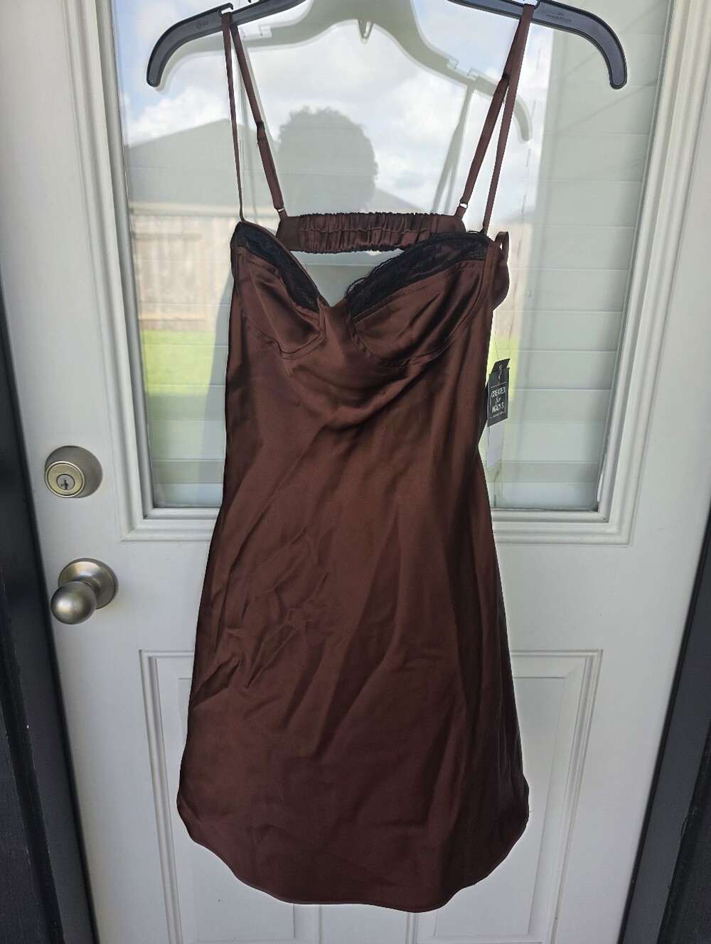Seni & Cade Slip Dress Women XS Brown Satin Lace Trim Mini Night Out NWT Y2k - Picture 4 of 12